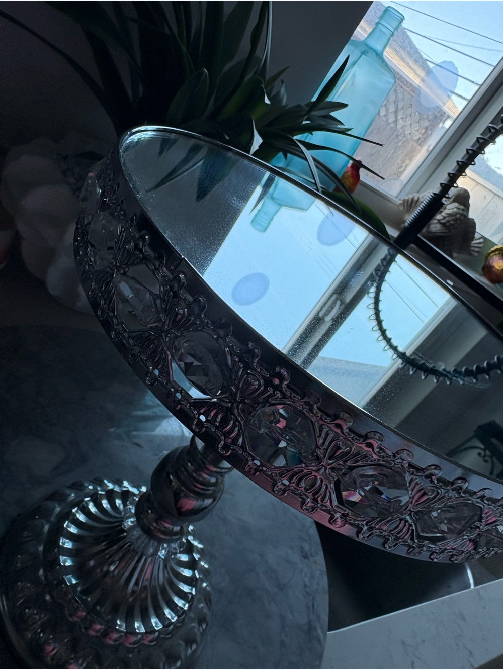 Decorative Silver-Tone Pedestal Cake Stand with Mirror Top - Picture 5 of 5